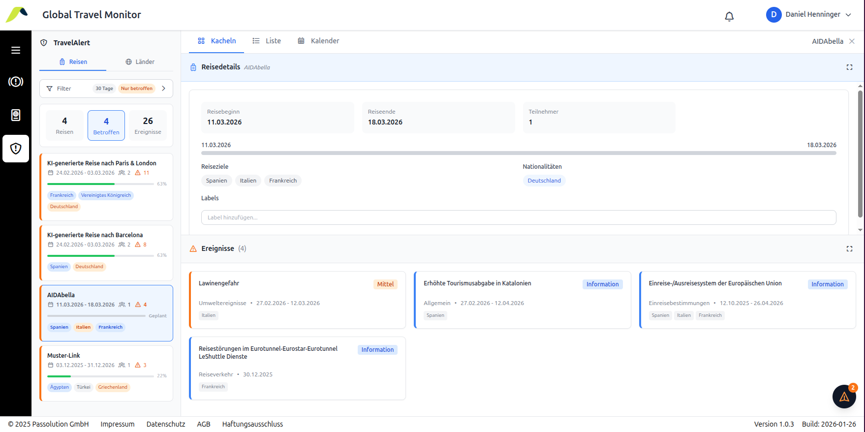 TravelAlert Dashboard – automatisches Reise-Monitoring mit Echtzeit-Sicherheitsereignissen und Reisezuordnung